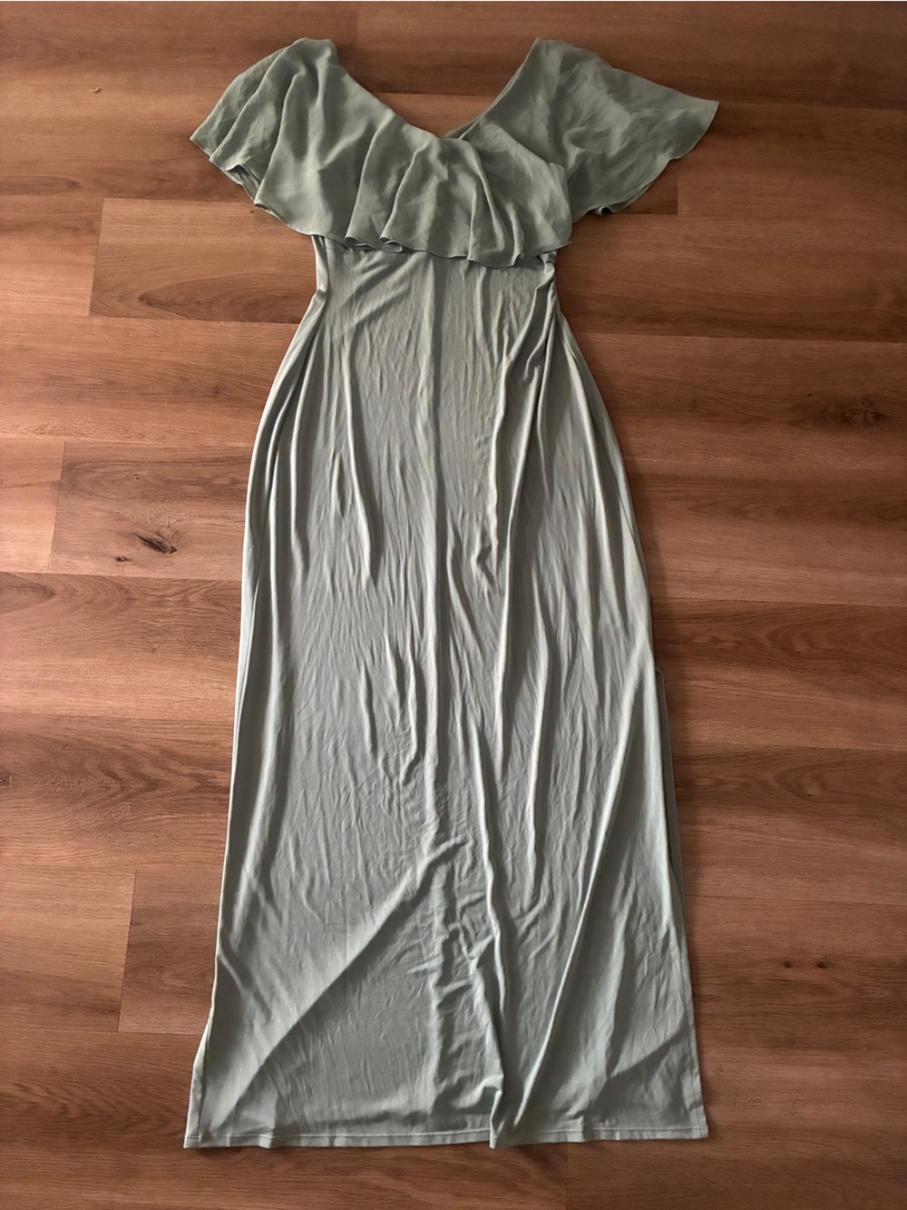 Connected Apparel Sage Green Off Shoulder Ruffle Maxi Dress Size 6